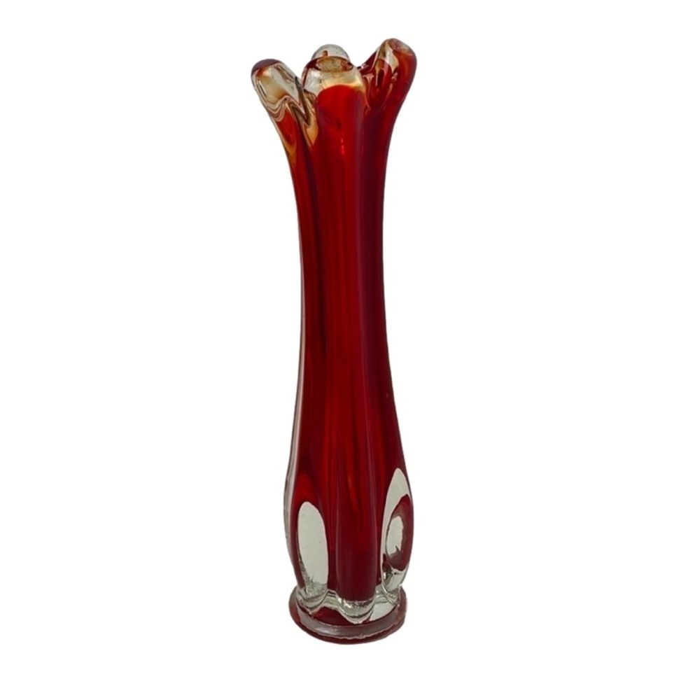 Clear & Red Blown Glass 6 Finger Swung Vase